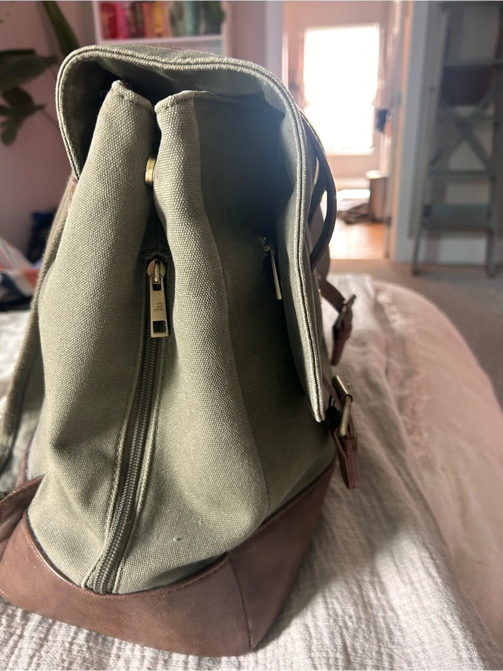 Gray Canvas Baby Backpack with Brown Leather Trim